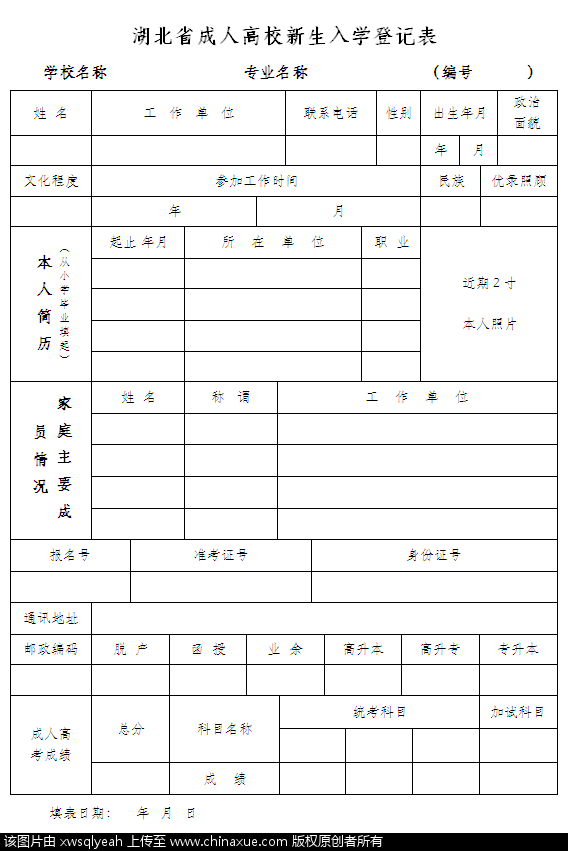 湖北省成人高校新生入学登记表(可下载docx文档)